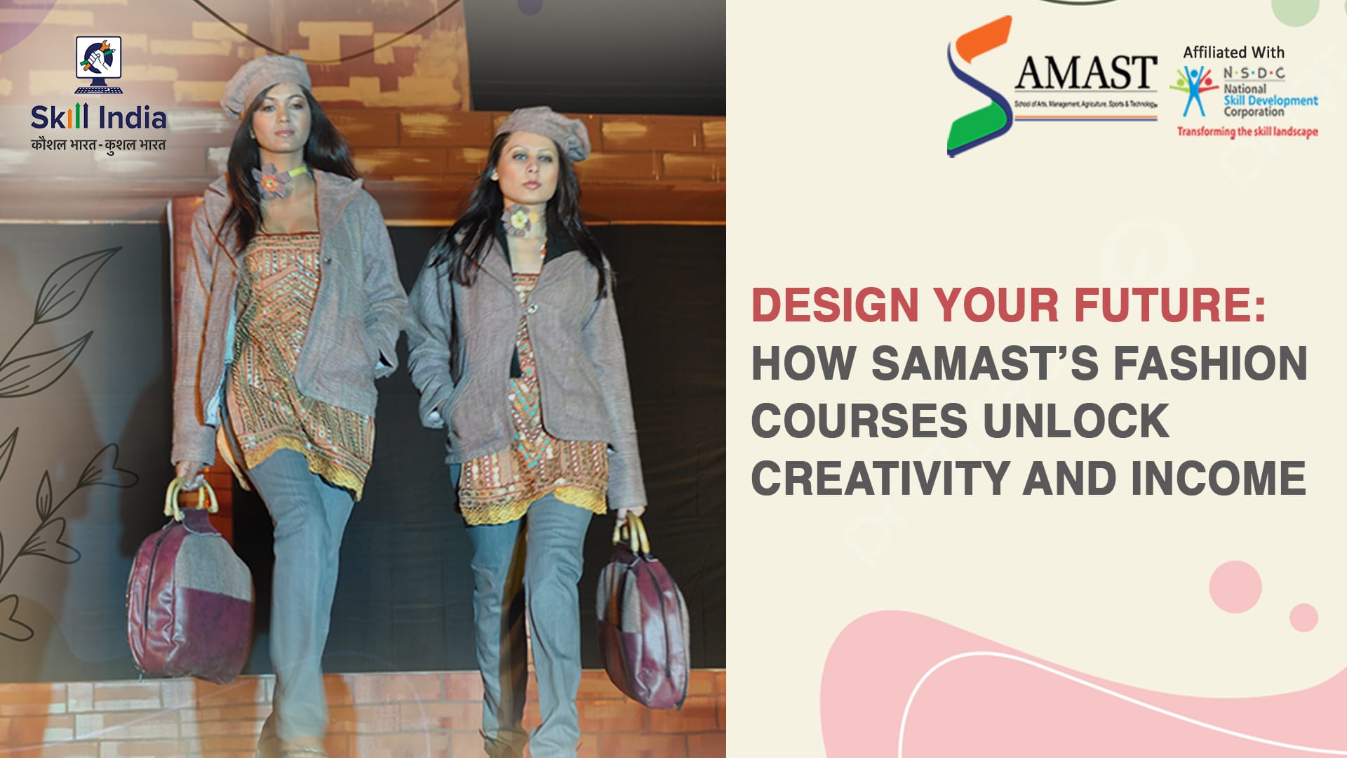 A group of students learning stitching and embroidery techniques in a classroom, guided by an instructor. Pradeep Bhatt's name is associated with the post for promoting SAMAST’s NSDC-certified fashion courses.