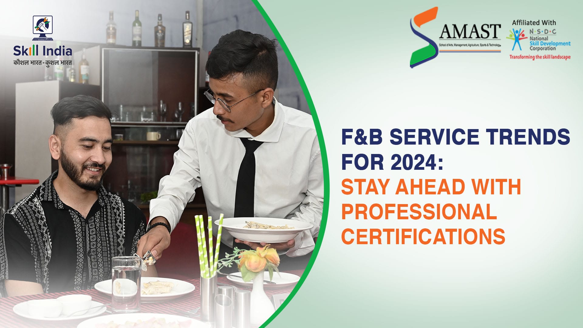 A modern restaurant setup featuring sustainable practices, digital menu displays, and eco-friendly packaging, highlighting the latest trends in the food and beverage service industry for 2024.
