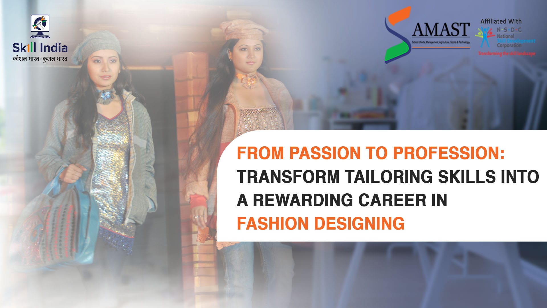Rural students learning tailoring and embroidery skills as part of SAMAST’s NSDC-certified fashion designing program, guided by instructors to create modern and traditional designs. Pradeep Bhatt’s initiative focuses on turning traditional skills into sustainable careers.