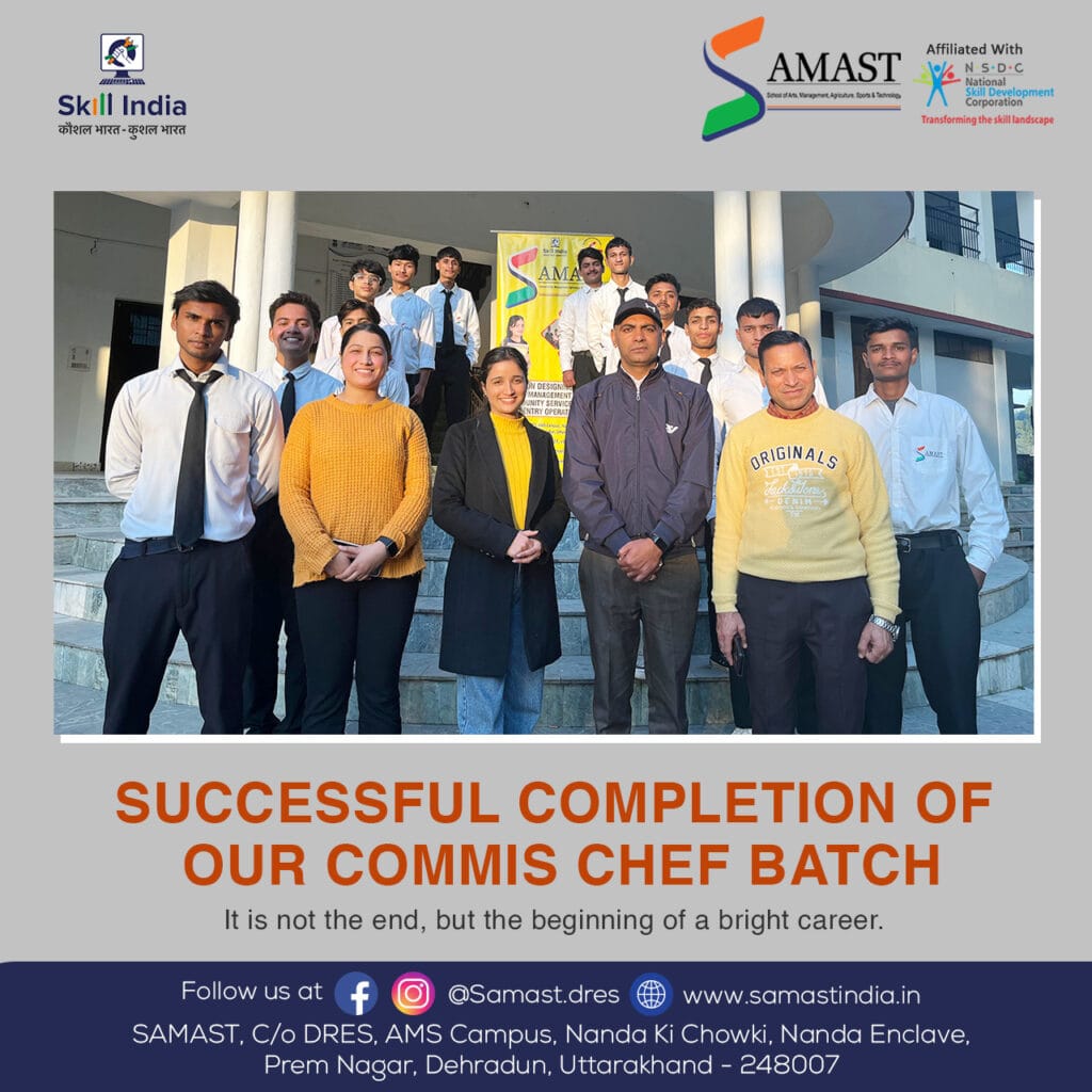 SAMAST’s Commis Chef graduates celebrating their course completion, dressed in chef uniforms and holding certificates, ready to step into careers in the culinary and hospitality industry.