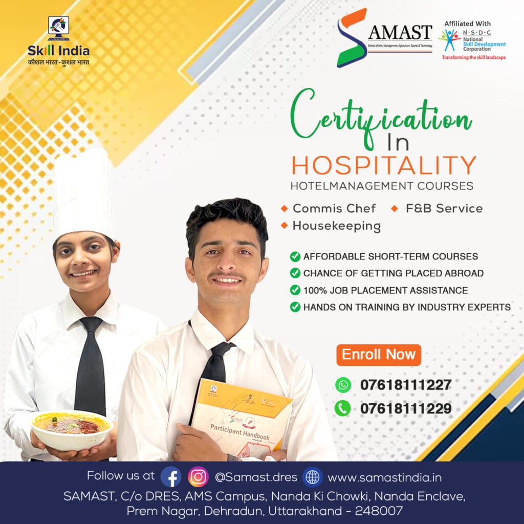 Two SAMAST hospitality students in chef uniforms proudly presenting their culinary creations, highlighting hands-on training and skill development for careers in hospitality.