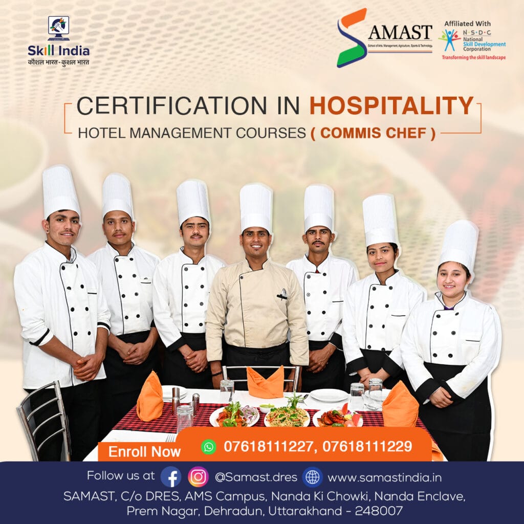 SAMAST culinary students practicing food preparation and presentation techniques in a professional kitchen, showcasing hands-on training for careers in the hospitality industry.