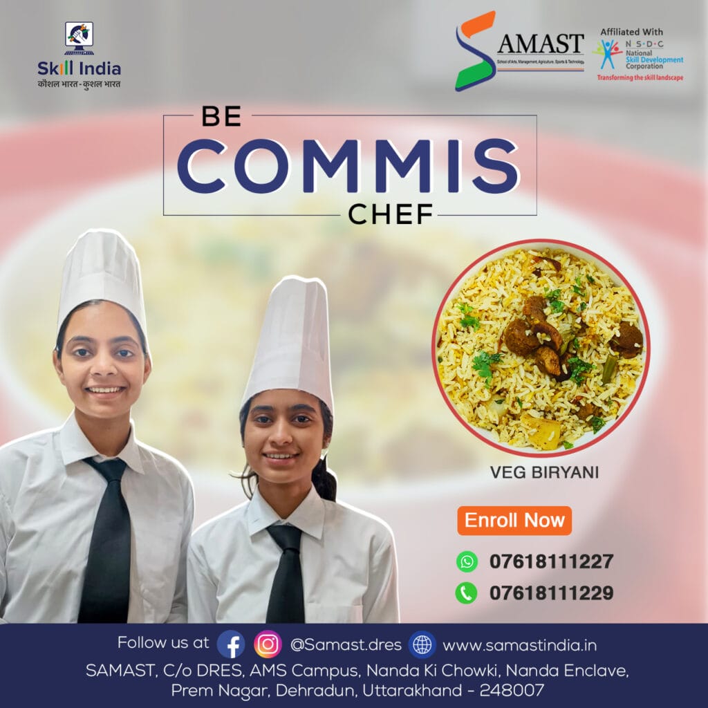 Two SAMAST culinary students dressed in chef uniforms holding plates of freshly prepared dishes, showcasing their training in hospitality and culinary skills under the Commis Chef Certification program.