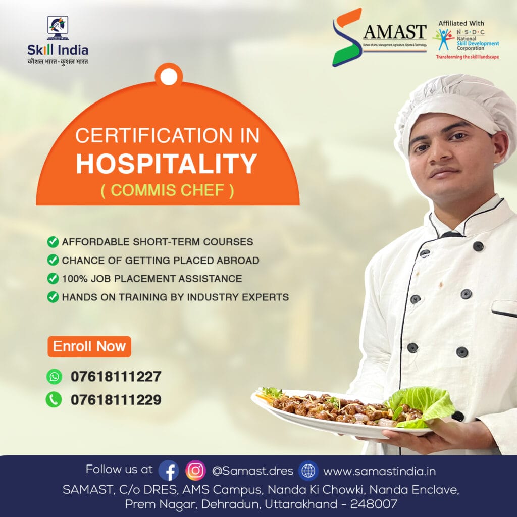 SAMAST culinary students engaged in hands-on training, preparing and plating dishes in a professional kitchen, showcasing their journey toward becoming skilled Commis Chefs.