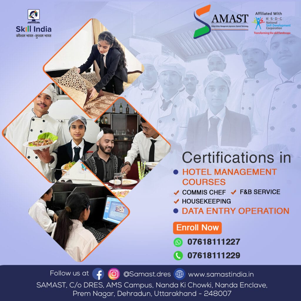 SAMAST students actively participating in hands-on training sessions for culinary arts, housekeeping, and data entry operations, showcasing skill development for career readiness.