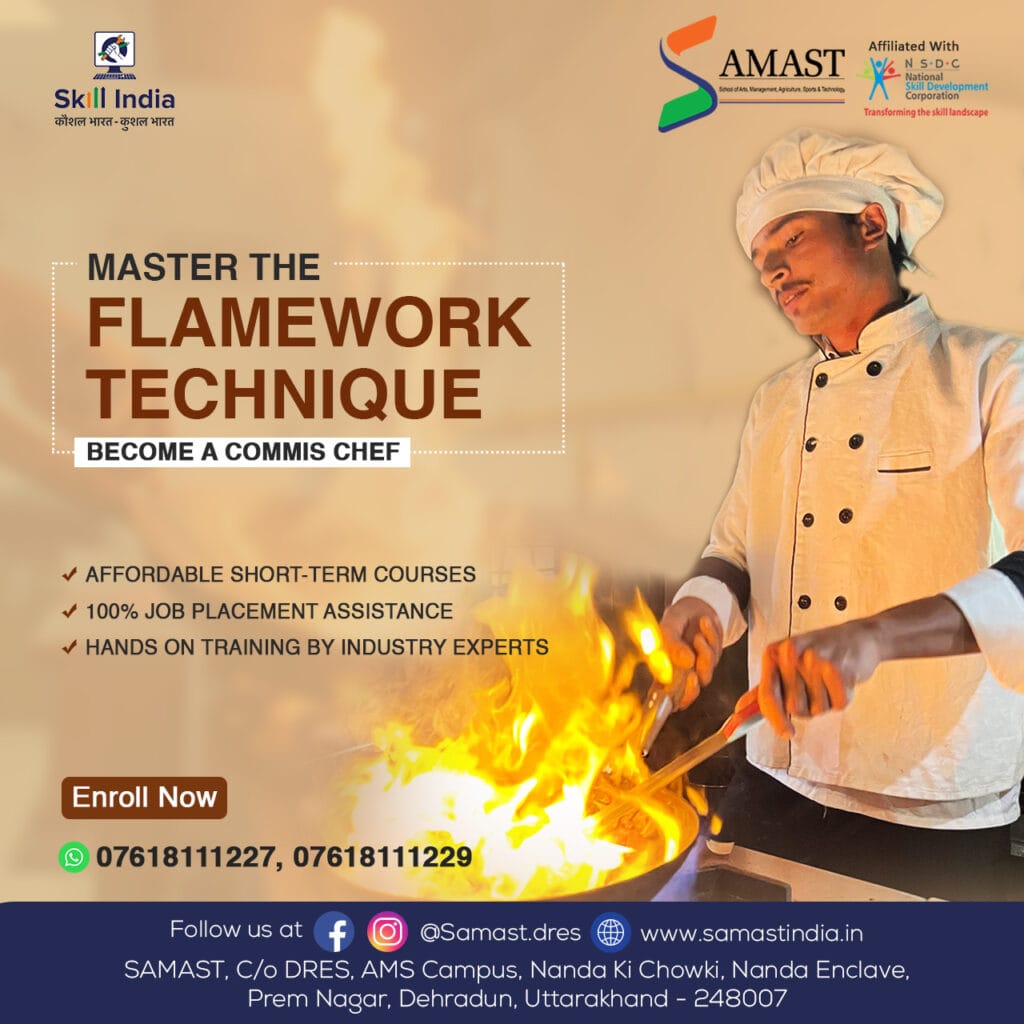 A culinary student at SAMAST expertly using the "Flamework Technique" to prepare a gourmet dish, showcasing hands-on training and culinary skills development.