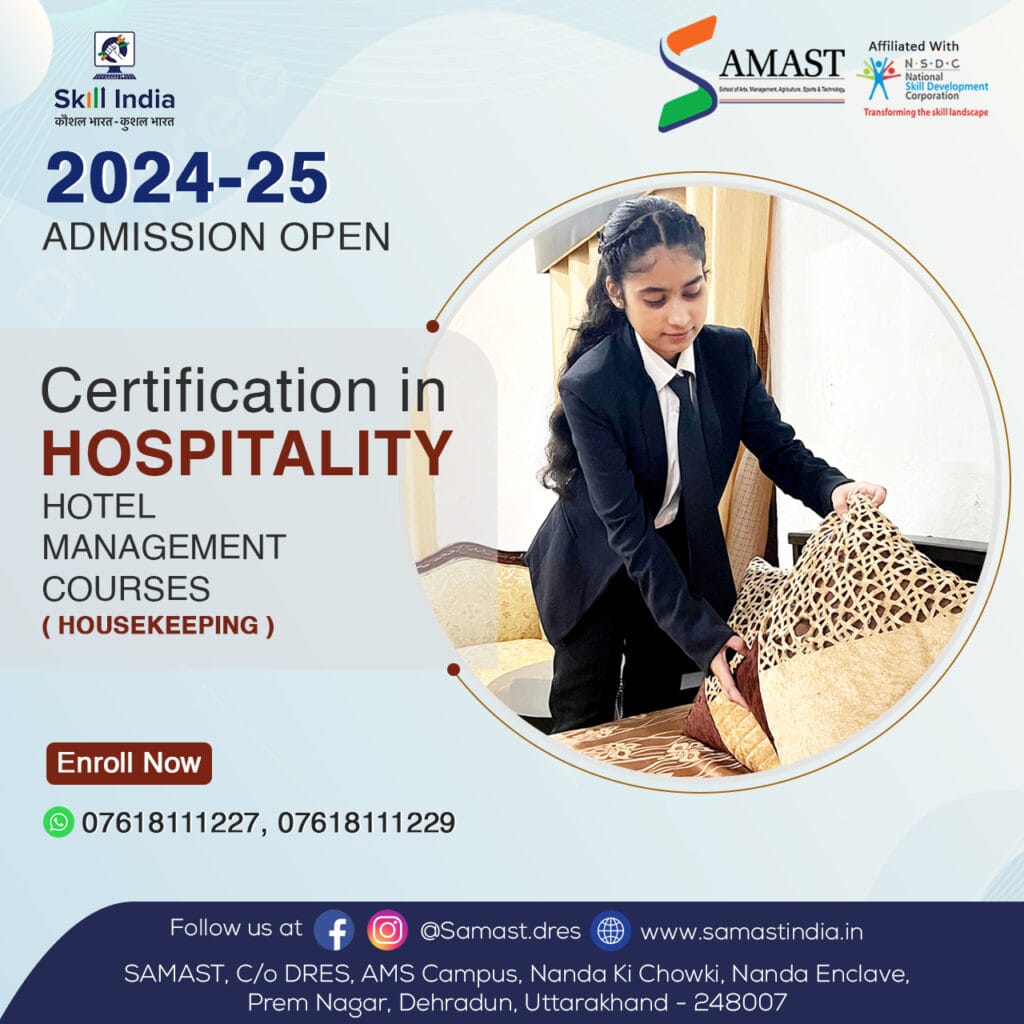 A professional housekeeping trainee at SAMAST carefully arranging a hotel room, showcasing attention to detail and maintaining high cleanliness standards in hospitality training.