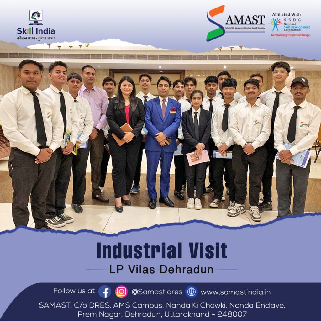 SAMAST students exploring the hospitality operations at LP Vilas Hotel, observing professional setups and gaining hands-on experience in real-world hospitality environments.
