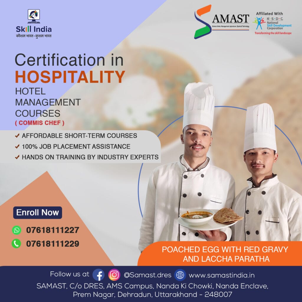 A culinary student at SAMAST garnishing a plate of poached eggs with red gravy and Laccha Paratha, showcasing hands-on training and practical cooking skills.