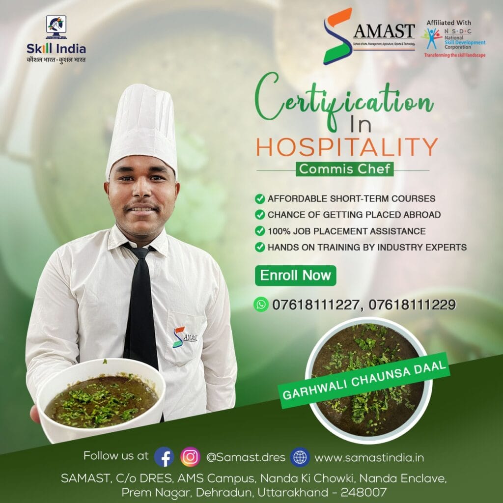SAMAST culinary students preparing traditional Garhwali Chaunsa Daal in a professional kitchen, showcasing hands-on training in regional cuisine as part of the Commis Chef Certification program.