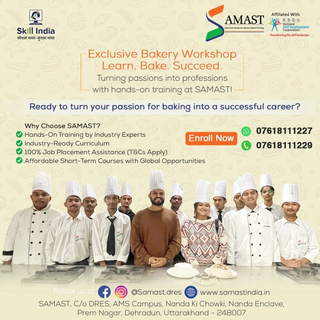 SAMAST culinary students in a bakery workshop, learning to create beautifully decorated cakes and pastries under the guidance of industry experts.