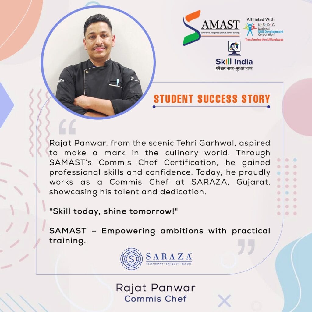Rajat Panwar, a SAMAST graduate from Tehri Garhwal, dressed in a chef uniform, proudly holding a plated dish in the kitchen of SARAZA, Gujarat, showcasing his culinary skills.