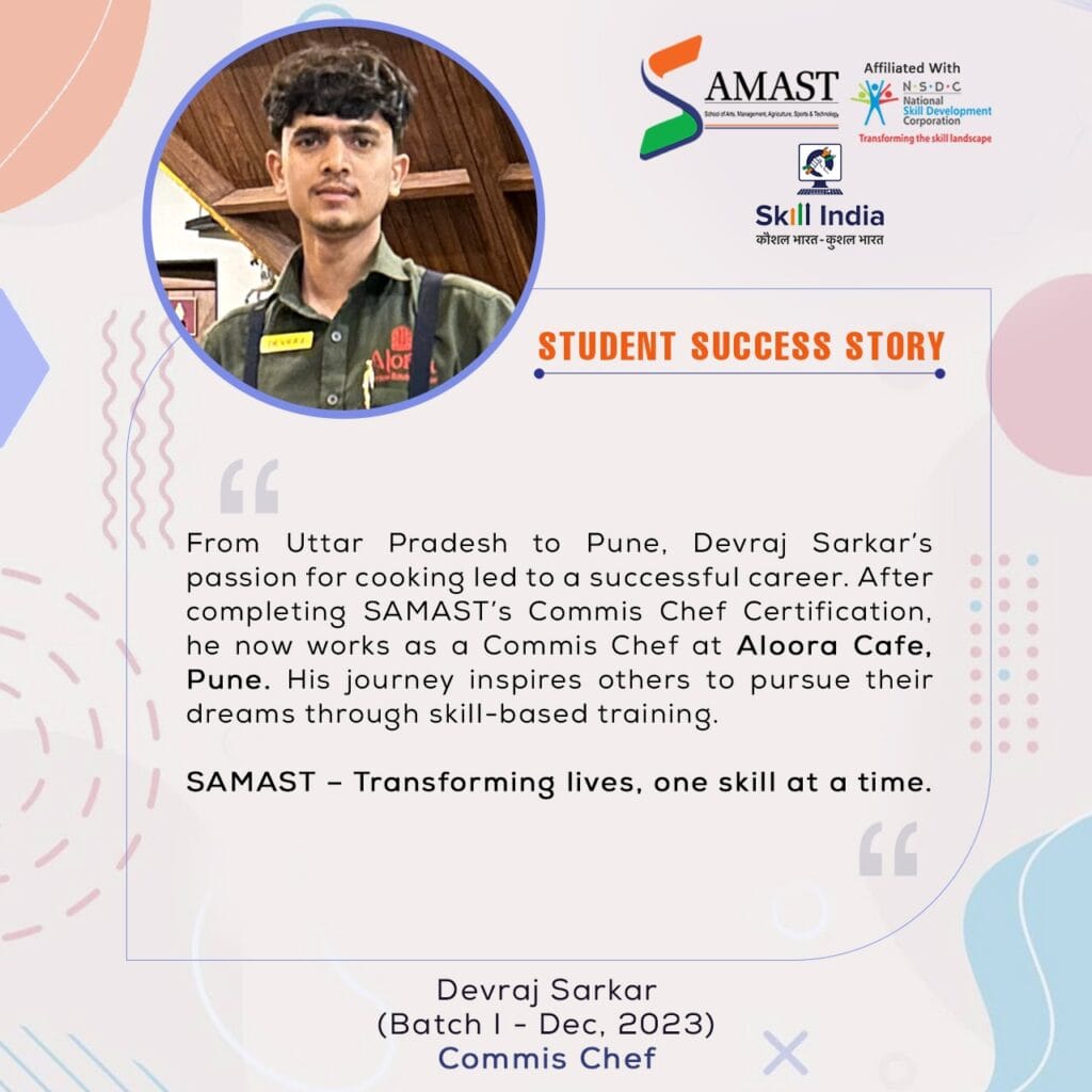 Devraj Sarkar, a SAMAST graduate, proudly standing in his chef uniform at Aloraa Garden Kitchen & Bar, Pune, holding a plate of his signature dish, symbolizing his culinary success and career transformation.