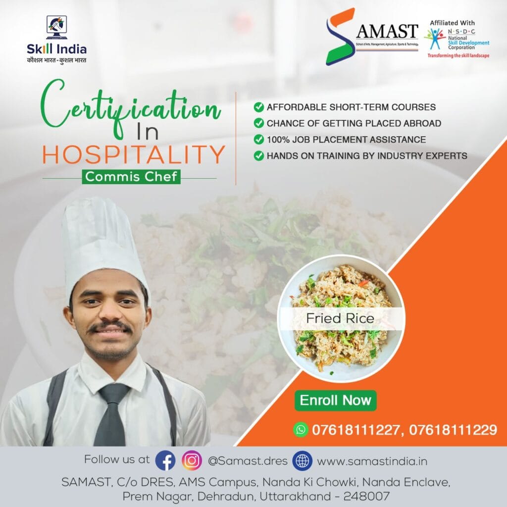 A SAMAST culinary student skillfully stir-frying vegetables in a professional kitchen, preparing a classic Fried Rice dish, demonstrating hands-on training and culinary expertise.