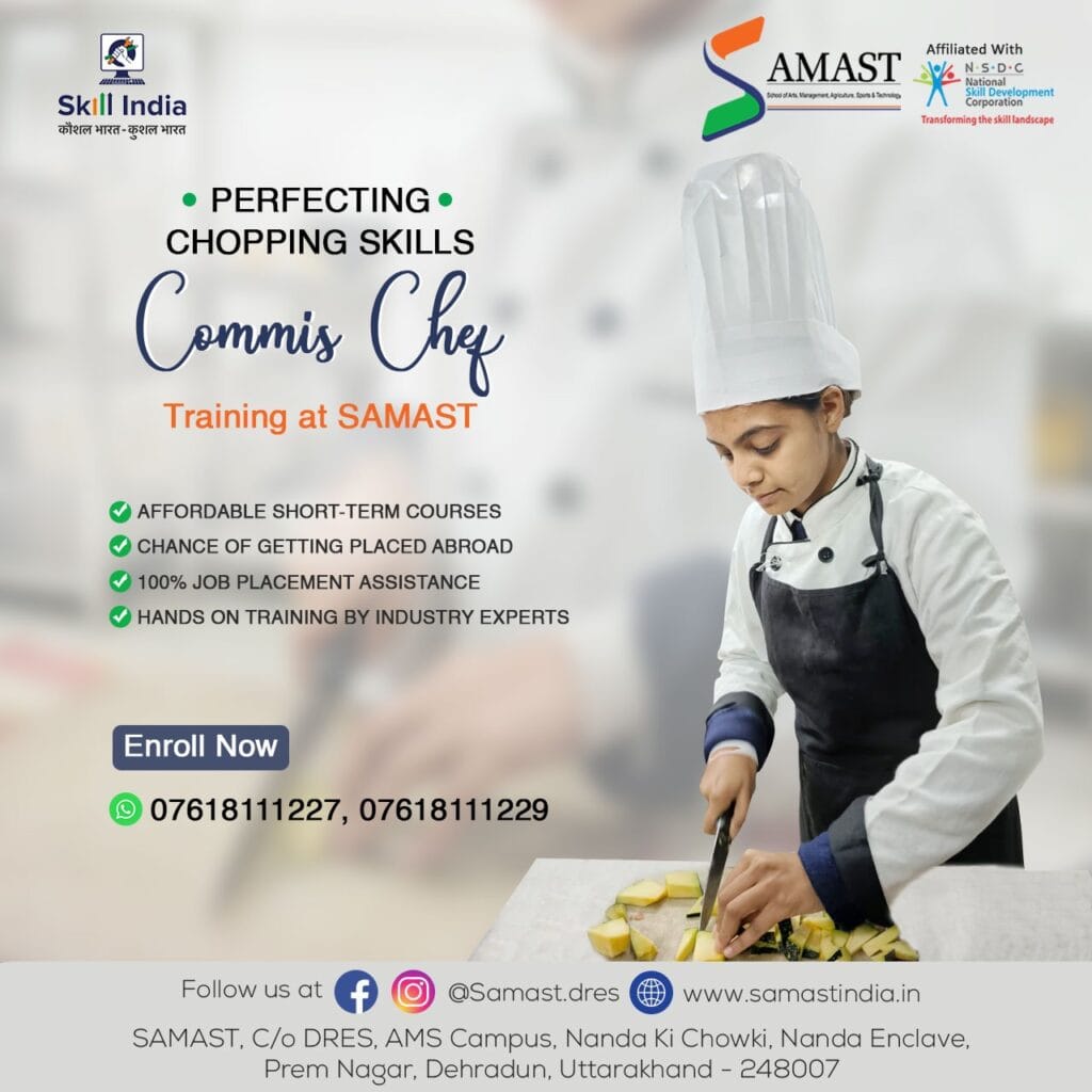 A SAMAST culinary student focused on chopping vegetables with precision in a professional kitchen, showcasing the hands-on training and skill-building provided by the program.