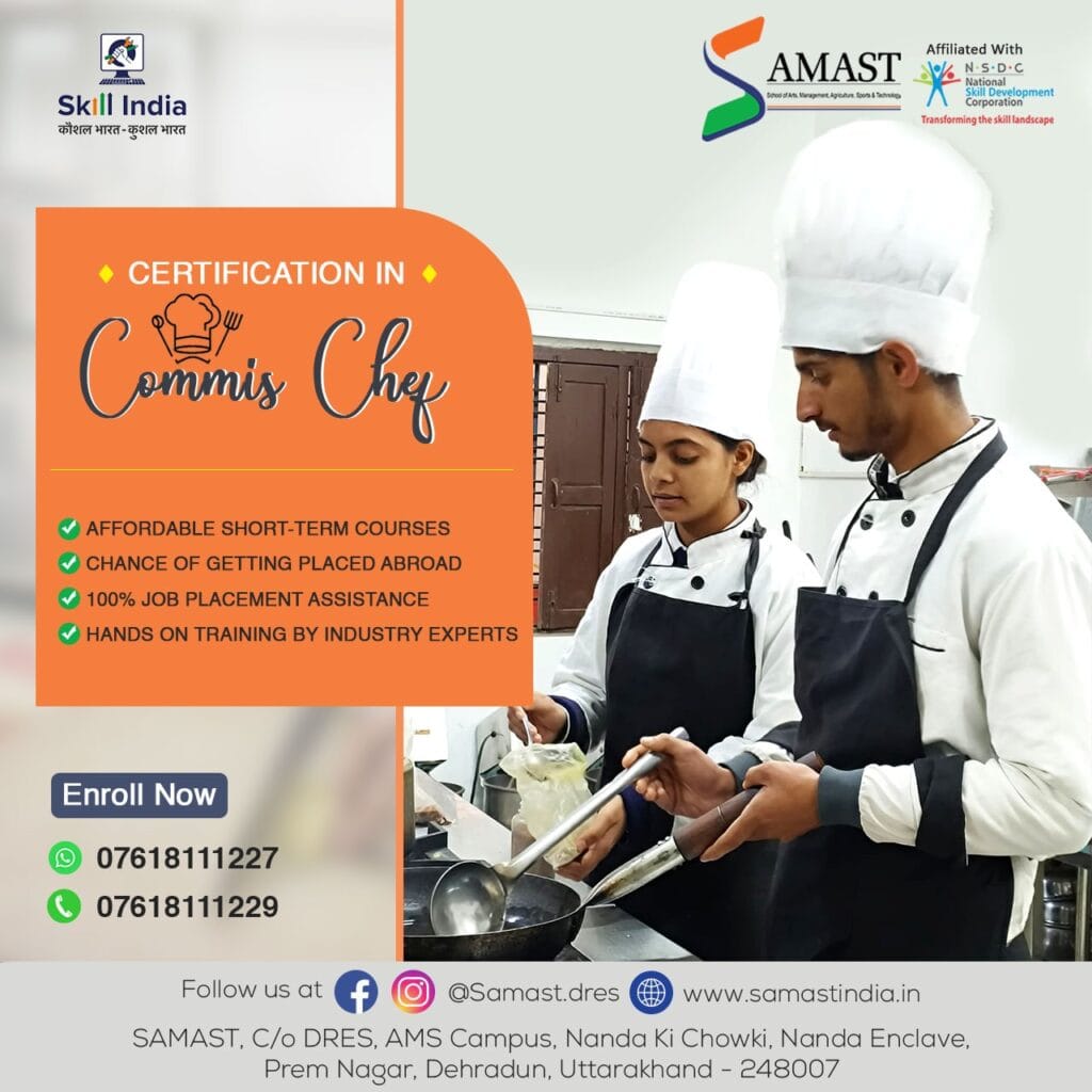 SAMAST culinary students practicing in a professional kitchen, showcasing hands-on training and preparation for successful careers as Commis Chefs.