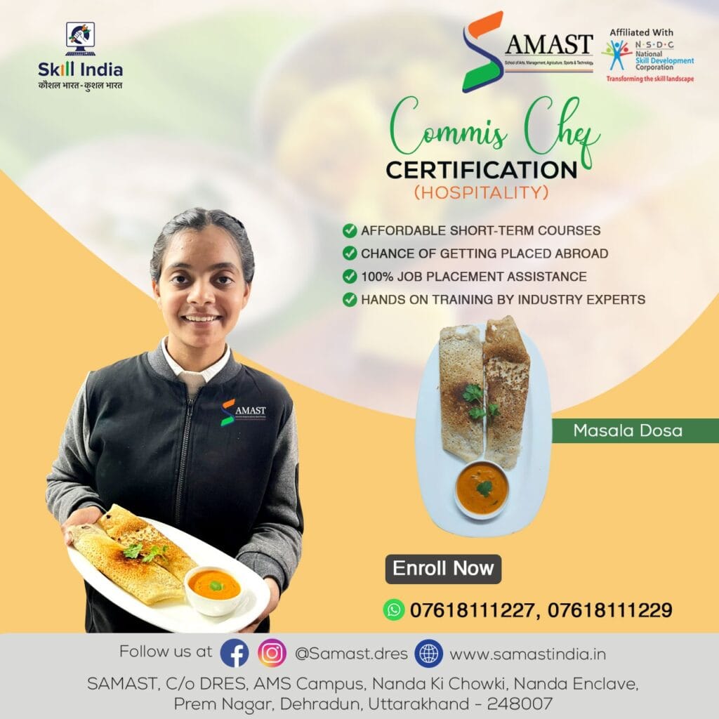 A SAMAST culinary student expertly preparing and plating a crispy Masala Dosa in a professional kitchen, showcasing hands-on training and mastery of South Indian cuisine.