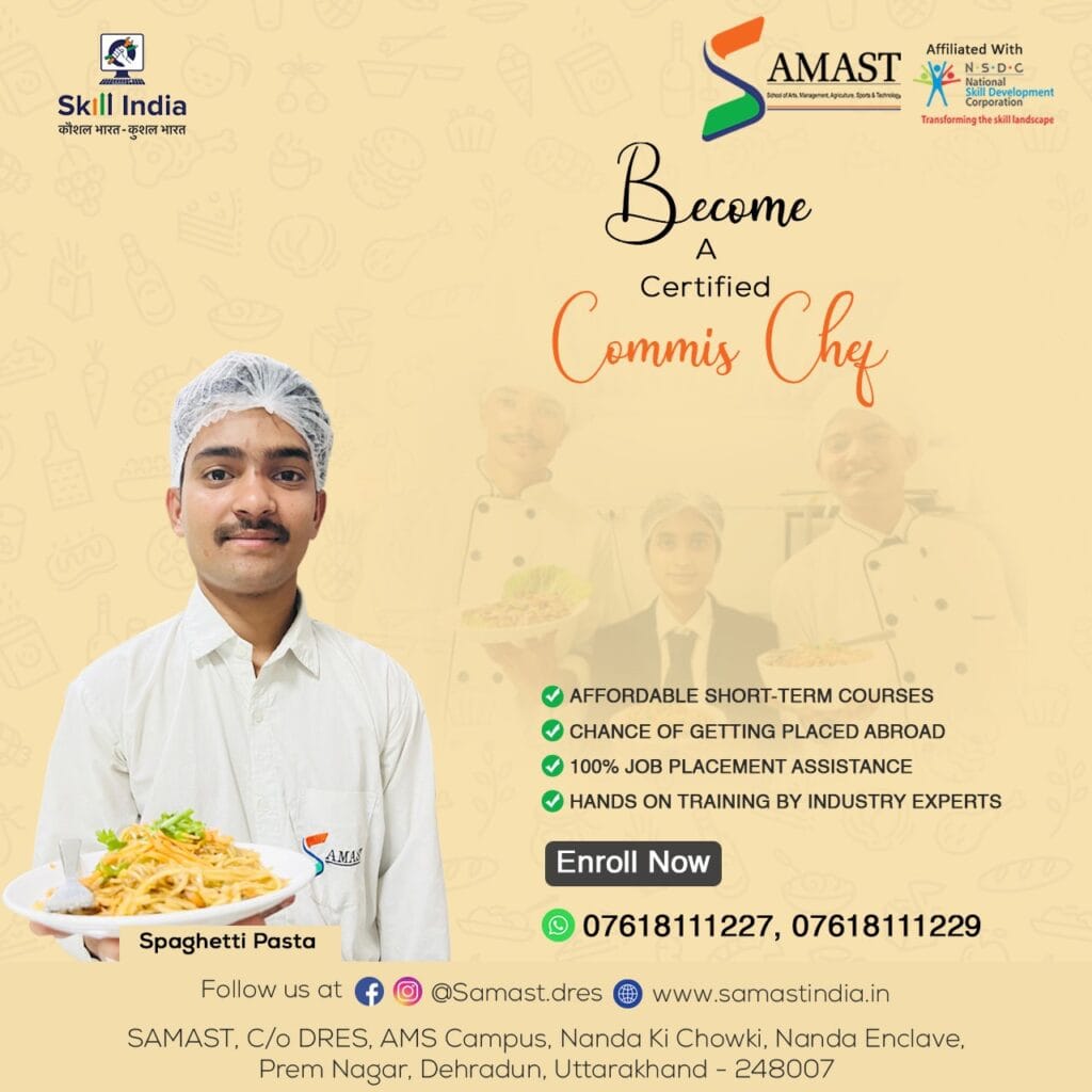 A SAMAST culinary student skillfully plating an Italian pasta dish in a professional kitchen, showcasing expertise in global cuisines and hands-on training in food presentation.