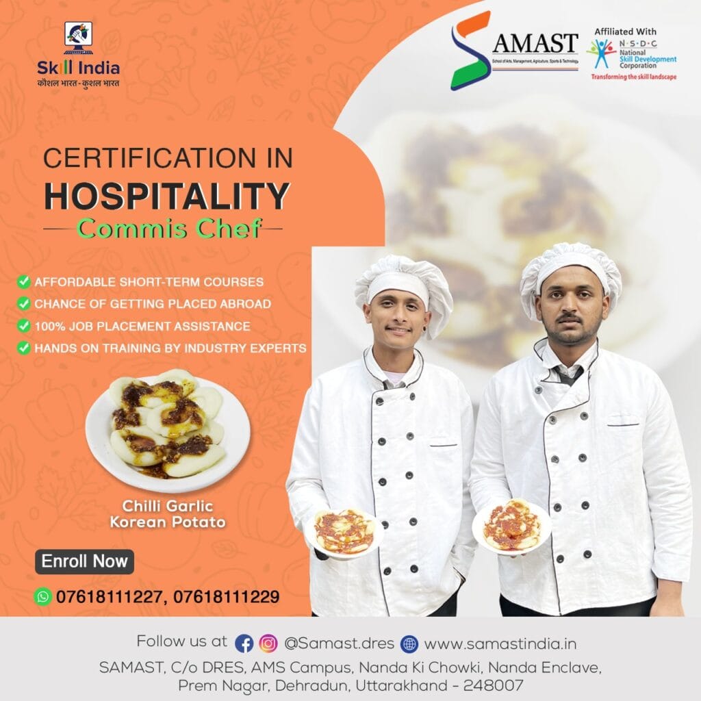 A SAMAST culinary student plating a dish of crispy Chilli Garlic Korean Potatoes in a professional kitchen, showcasing hands-on training in authentic Asian cuisine techniques.